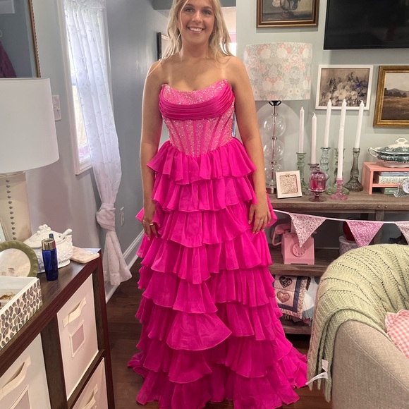 Vibrant Pink Strapless Ruffled Gown - Picture 6 of 6